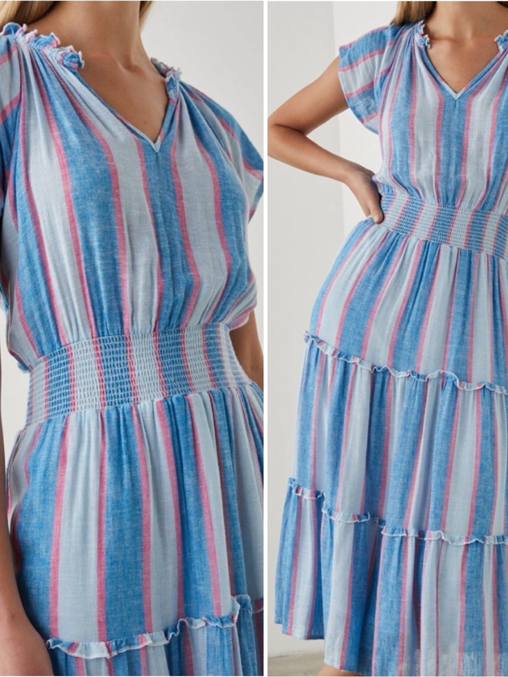 Rails Amelia Smocked Midi Dress Blue Pink Stripe Size XL